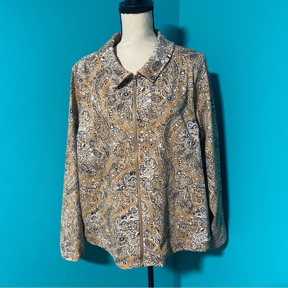 Isaac Mizrahi Live! Always Isaac 2X Brown Black Print Knit Denim Zip Jacket - Picture 2 of 5